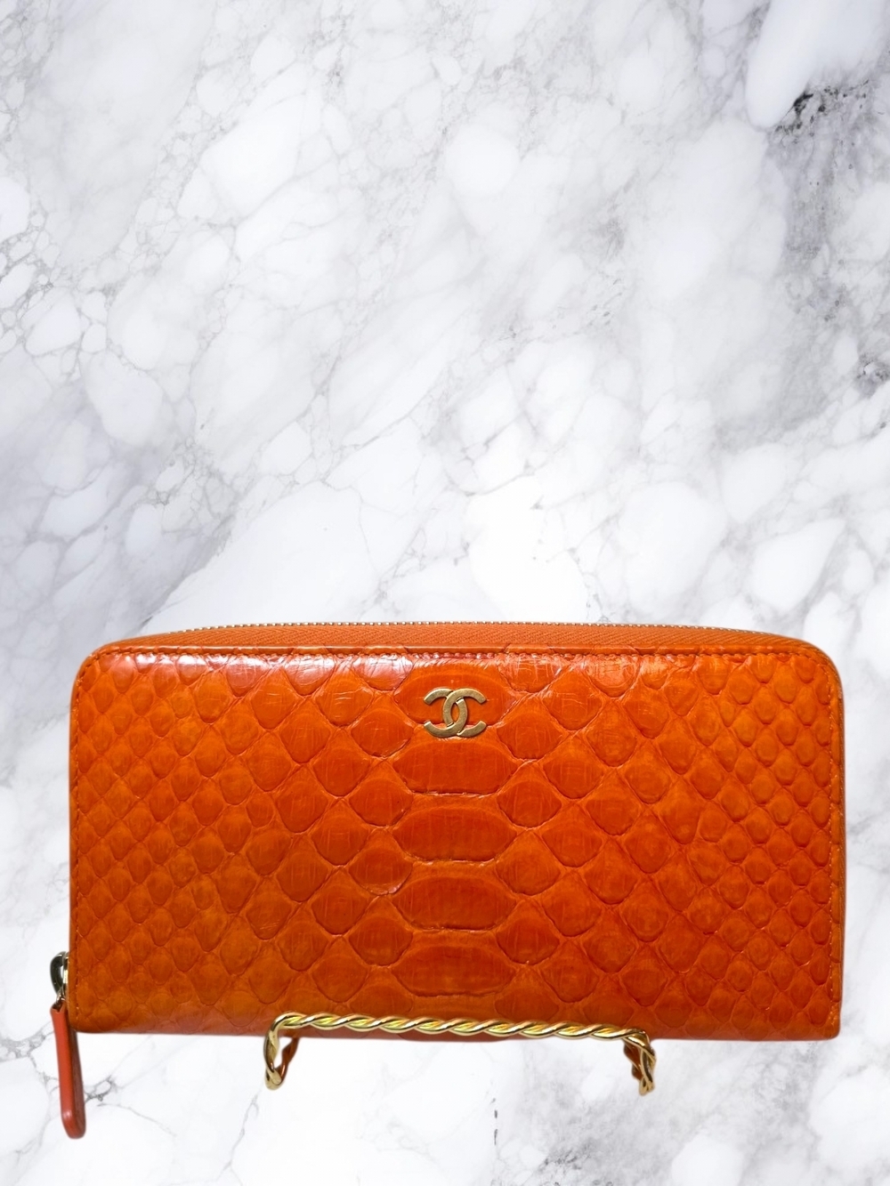Chanel Burnt Orange Python Snakeskin Zip Around Wallet CC Logo Exotic Leather